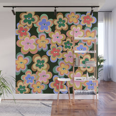 70s Evil Eye Flower Pattern in dark green Wall Mural