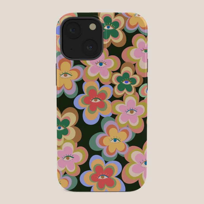 70s Evil Eye Flower Pattern in dark green iPhone Case