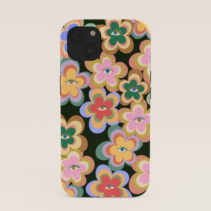 70s Evil Eye Flower Pattern in dark green iPhone Case