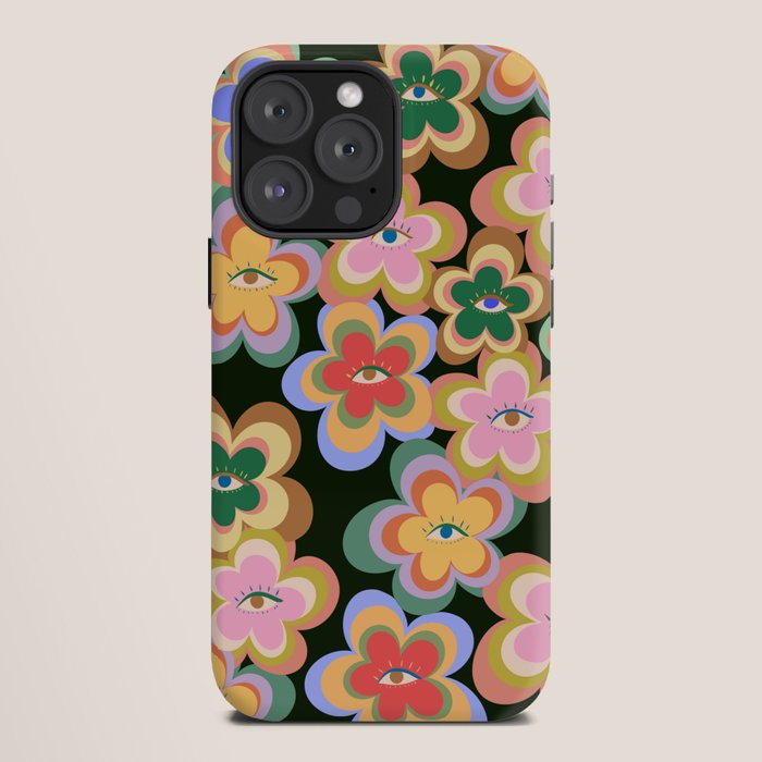 70s Evil Eye Flower Pattern in dark green iPhone Case