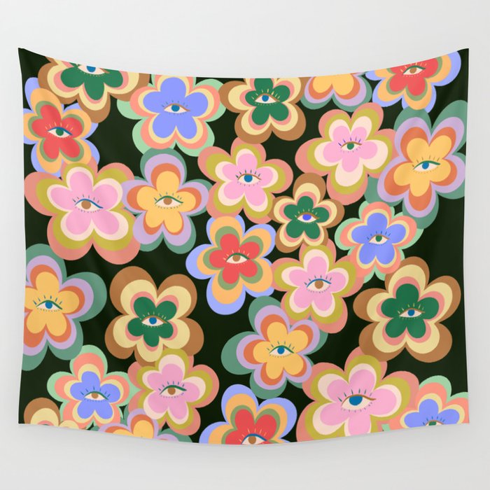 70s Evil Eye Flower Pattern in dark green Wall Tapestry
