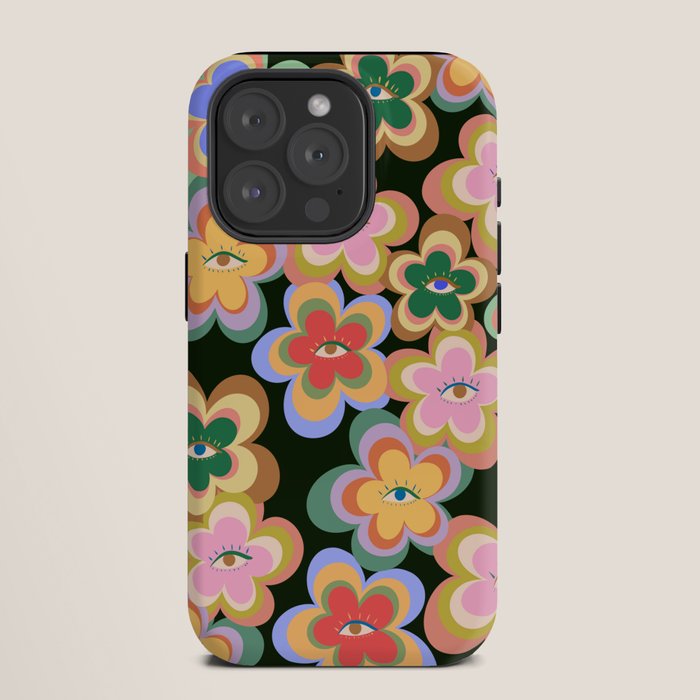 70s Evil Eye Flower Pattern in dark green iPhone Case