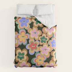 70s Evil Eye Flower Pattern in dark green Duvet Cover
