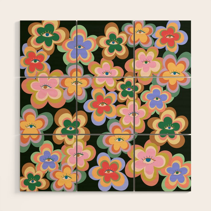 70s Evil Eye Flower Pattern in dark green Wood Wall Art