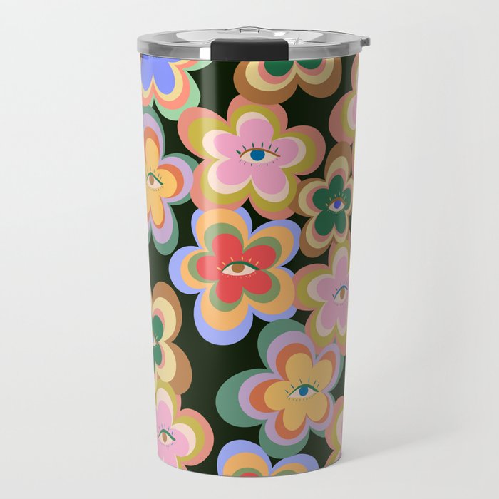 70s Evil Eye Flower Pattern in dark green Travel Mug