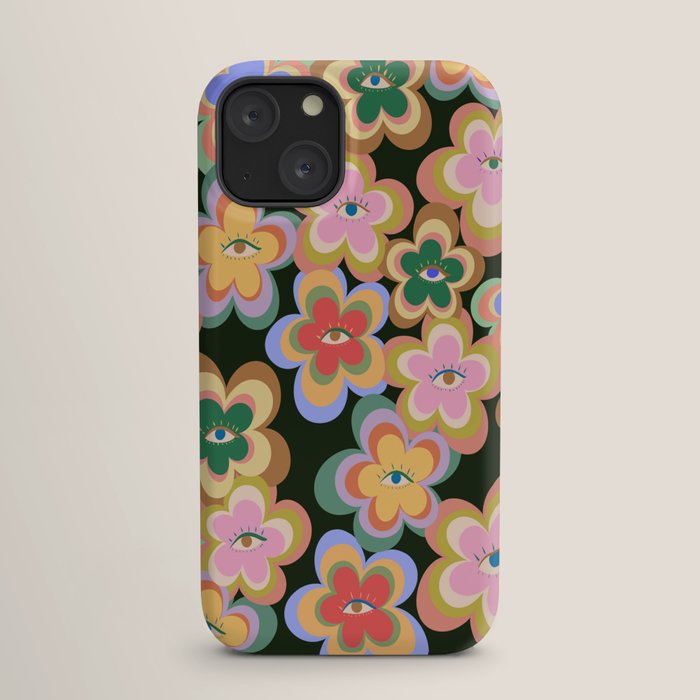 70s Evil Eye Flower Pattern in dark green iPhone Case