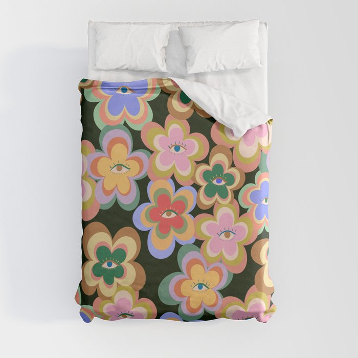 70s Evil Eye Flower Pattern in dark green Duvet Cover