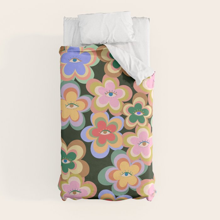 70s Evil Eye Flower Pattern in dark green Duvet Cover
