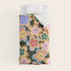 70s Evil Eye Flower Pattern in dark green Duvet Cover