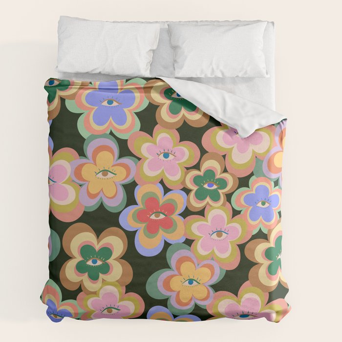 70s Evil Eye Flower Pattern in dark green Duvet Cover