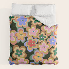 70s Evil Eye Flower Pattern in dark green Duvet Cover