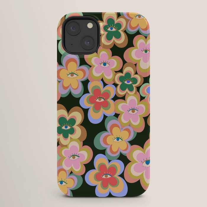 70s Evil Eye Flower Pattern in dark green iPhone Case