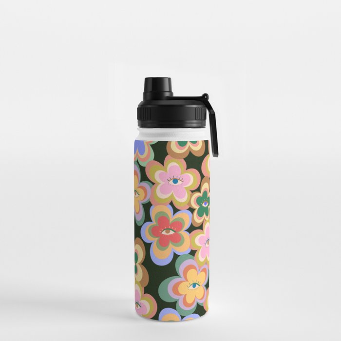 70s Evil Eye Flower Pattern in dark green Water Bottle