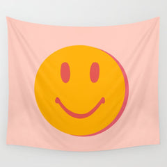 70s retro yellow smile face illustration  Wall Tapestry