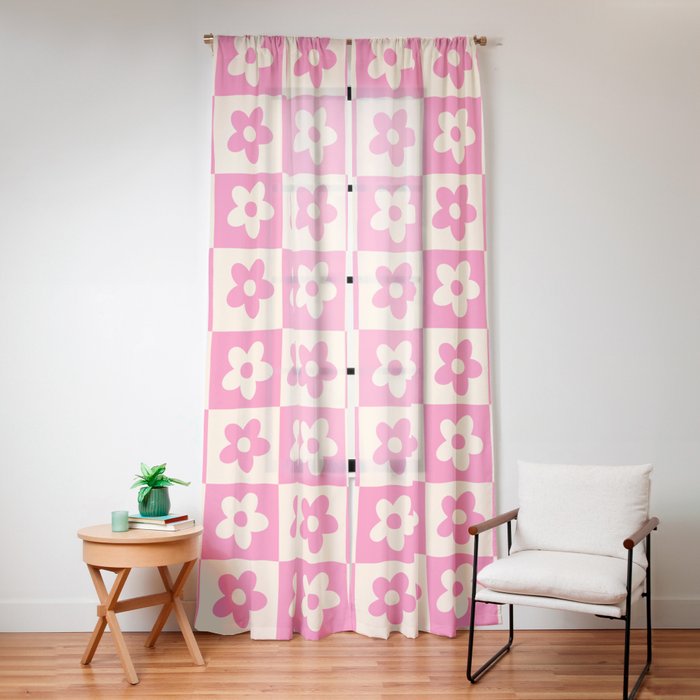 90s checkers flowers cream and pink Window Curtain