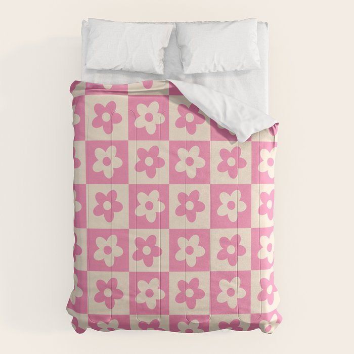 90s checkers flowers cream and pink Comforter