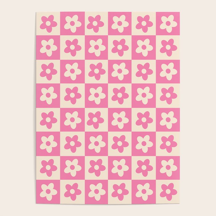 90s checkers flowers cream and pink Poster