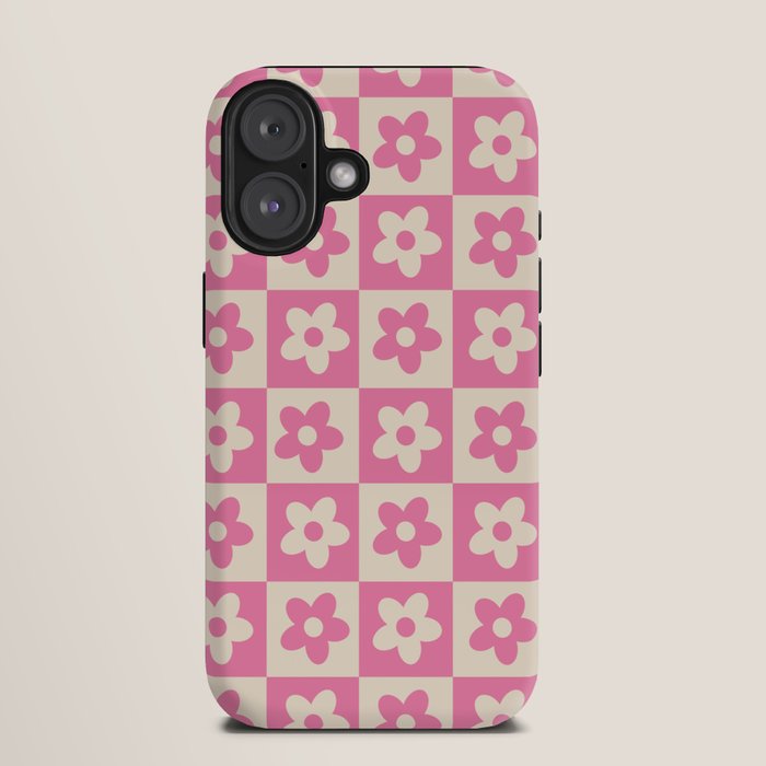 90s checkers flowers cream and pink iPhone Case