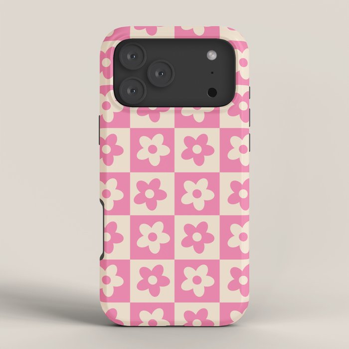 90s checkers flowers cream and pink iPhone Case