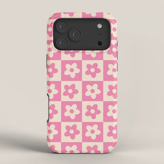 90s checkers flowers cream and pink iPhone Case