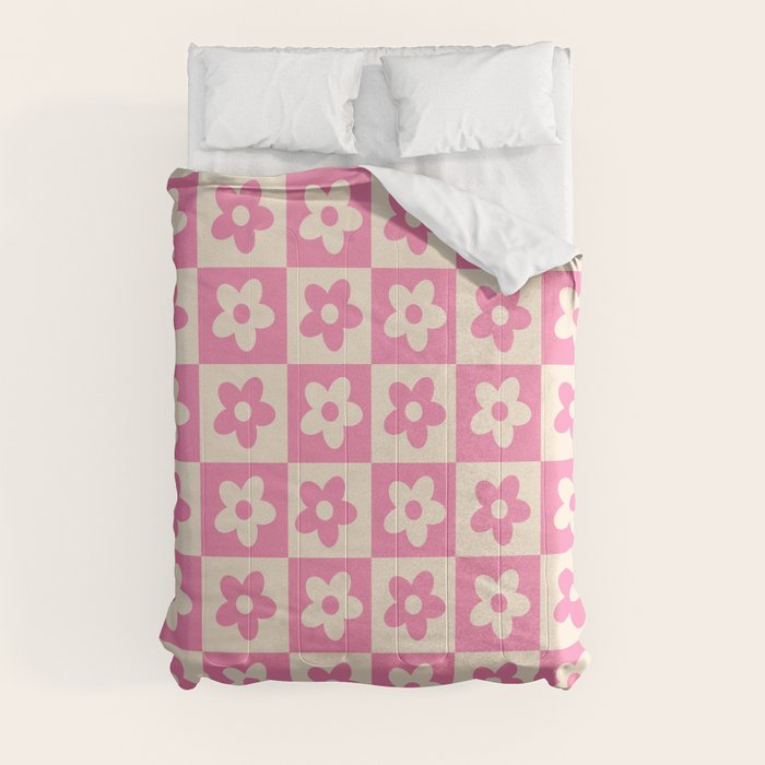 90s checkers flowers cream and pink Comforter