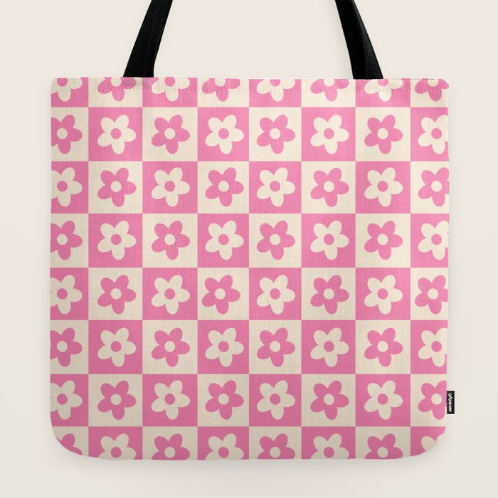 90s checkers flowers cream and pink Tote Bag