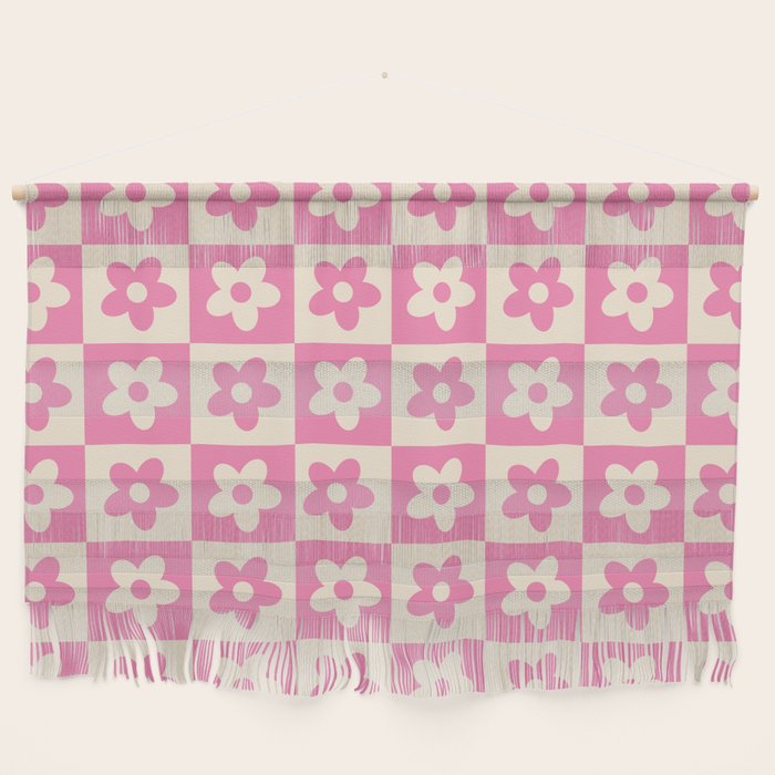 90s checkers flowers cream and pink Wall Hanging