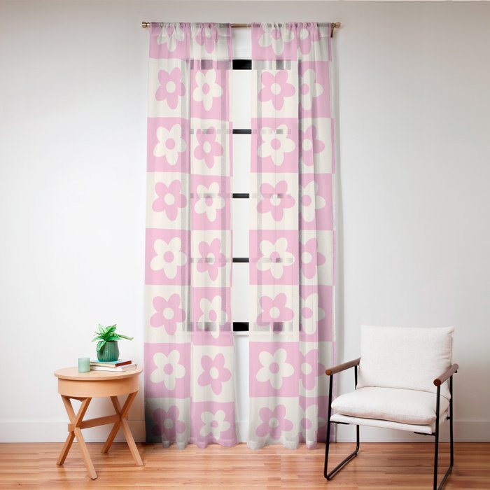 90s checkers flowers cream and pink Window Curtain