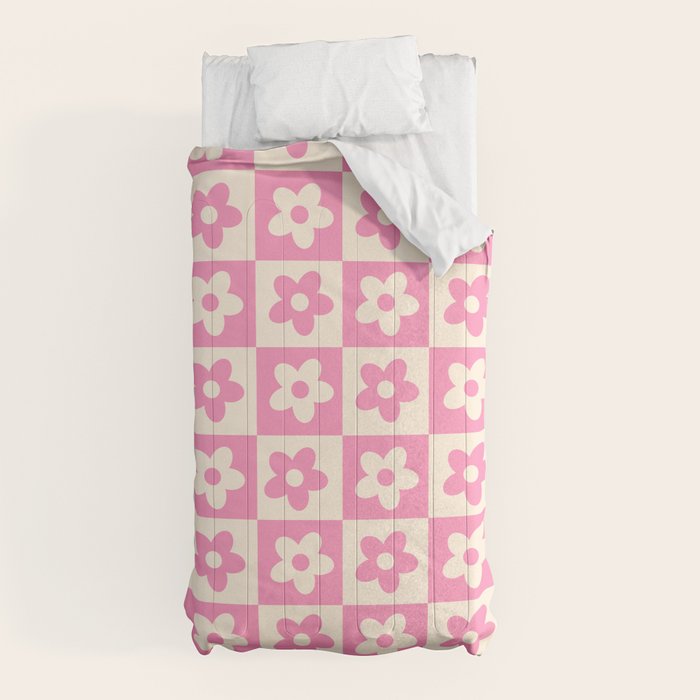 90s checkers flowers cream and pink Comforter