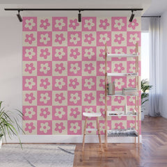 90s checkers flowers cream and pink Wall Mural