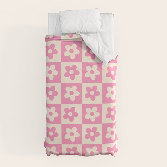 90s checkers flowers cream and pink Duvet Cover