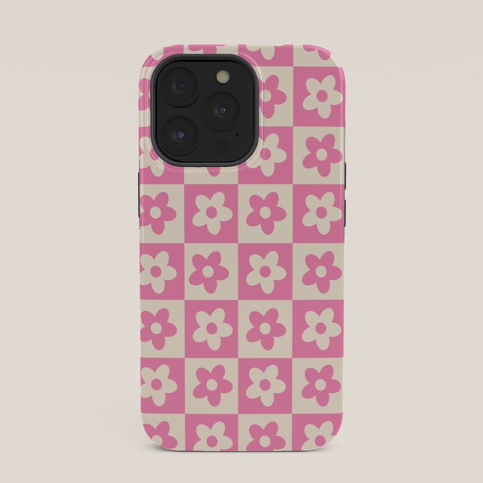 90s checkers flowers cream and pink iPhone Case