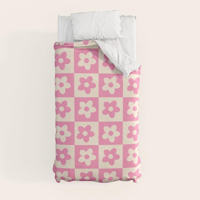 90s checkers flowers cream and pink Duvet Cover