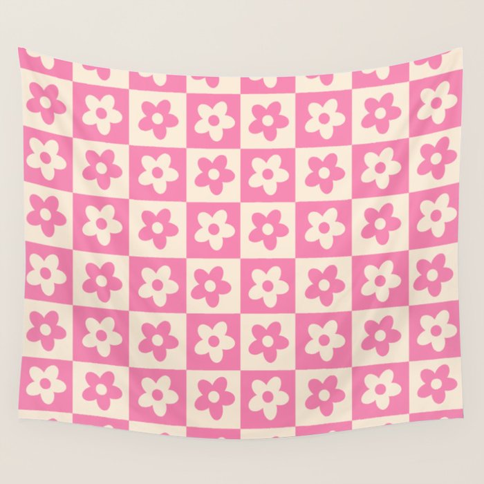 90s checkers flowers cream and pink Wall Tapestry