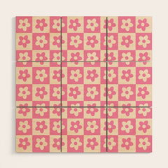 90s checkers flowers cream and pink Wood Wall Art