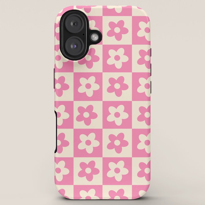 90s checkers flowers cream and pink iPhone Case