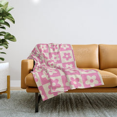 90s checkers flowers cream and pink Throw Blanket