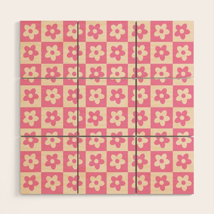 90s checkers flowers cream and pink Wood Wall Art