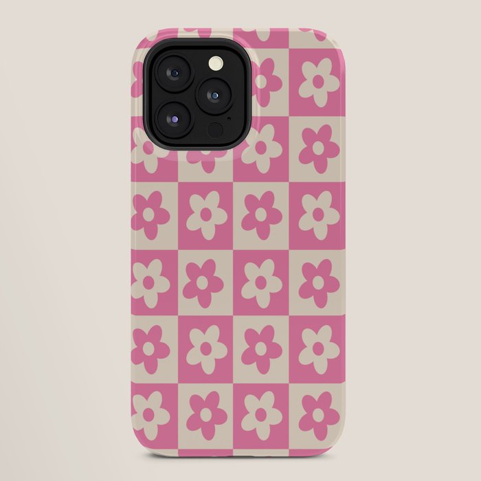 90s checkers flowers cream and pink iPhone Case