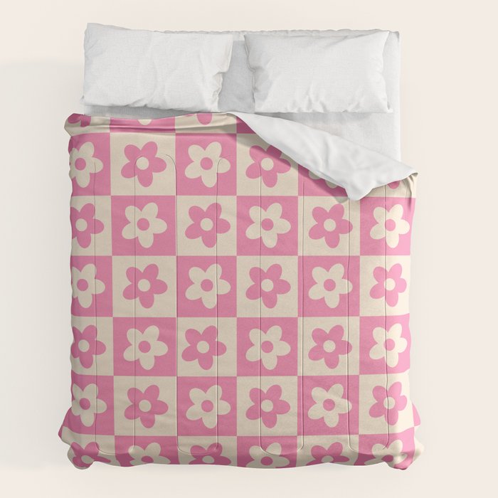 90s checkers flowers cream and pink Comforter