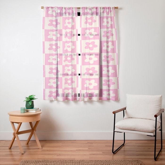 90s checkers flowers cream and pink Window Curtain