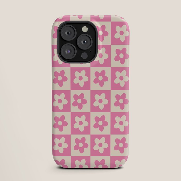 90s checkers flowers cream and pink iPhone Case