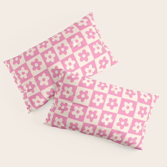 90s checkers flowers cream and pink Pillow Sham