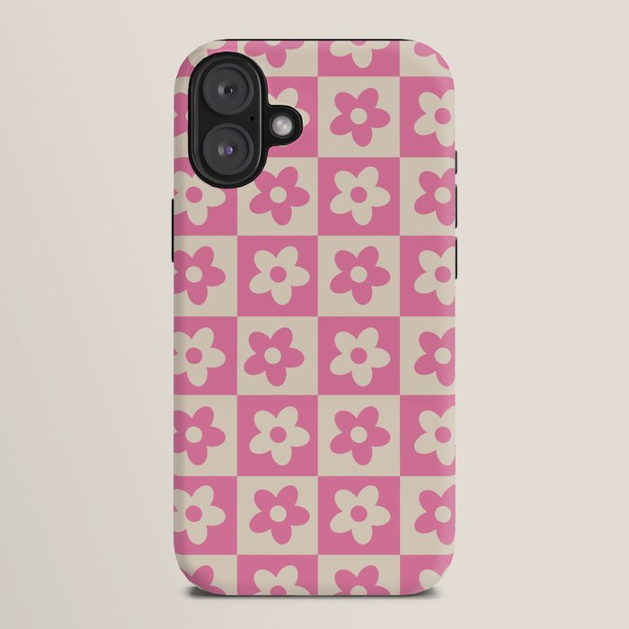 90s checkers flowers cream and pink iPhone Case
