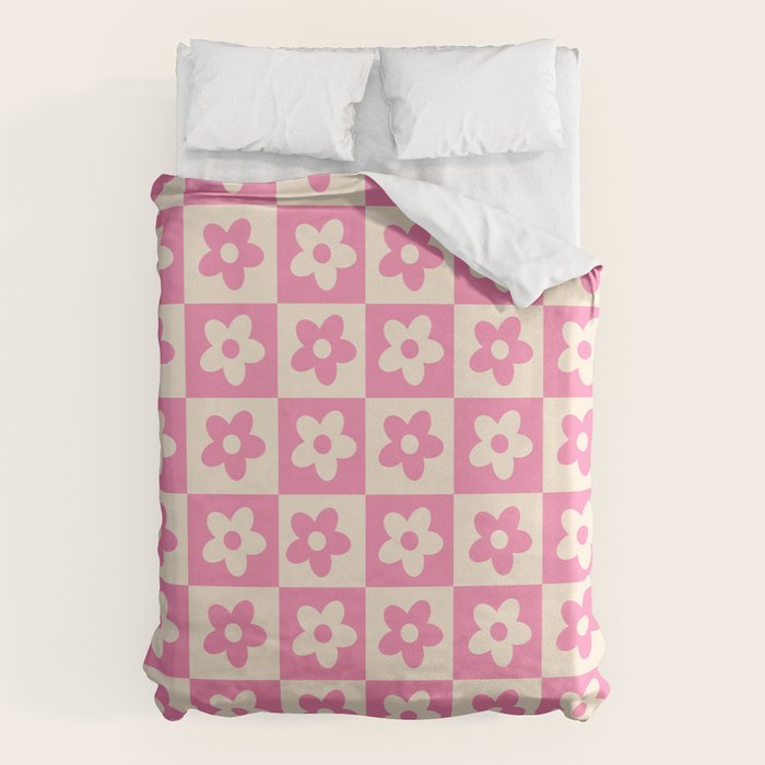 90s checkers flowers cream and pink Duvet Cover