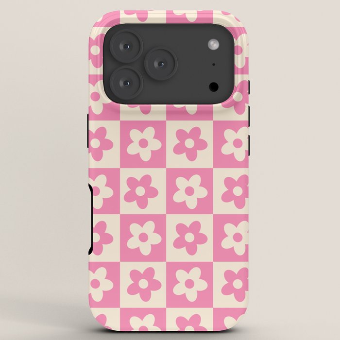 90s checkers flowers cream and pink iPhone Case