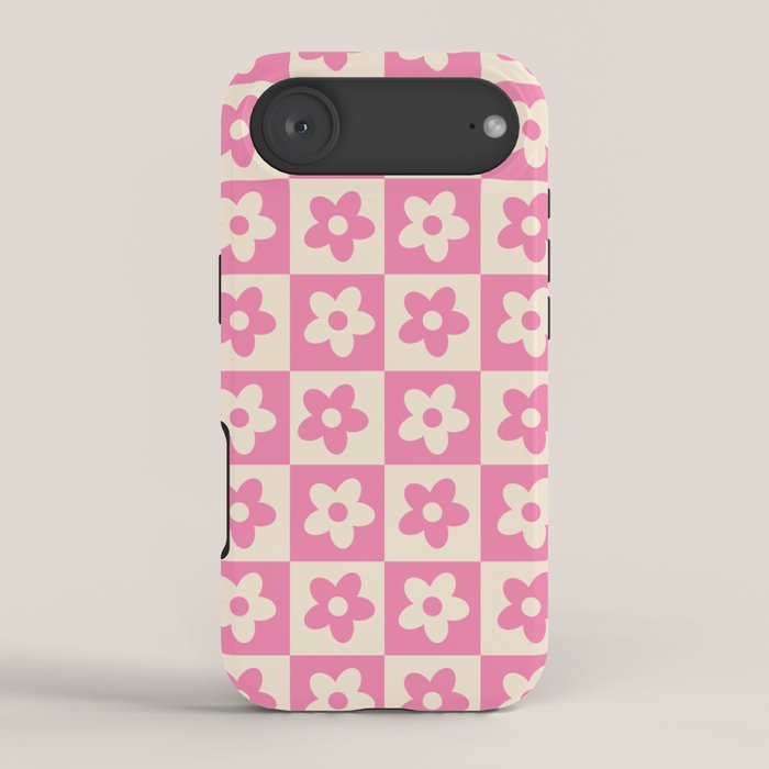 90s checkers flowers cream and pink iPhone Case