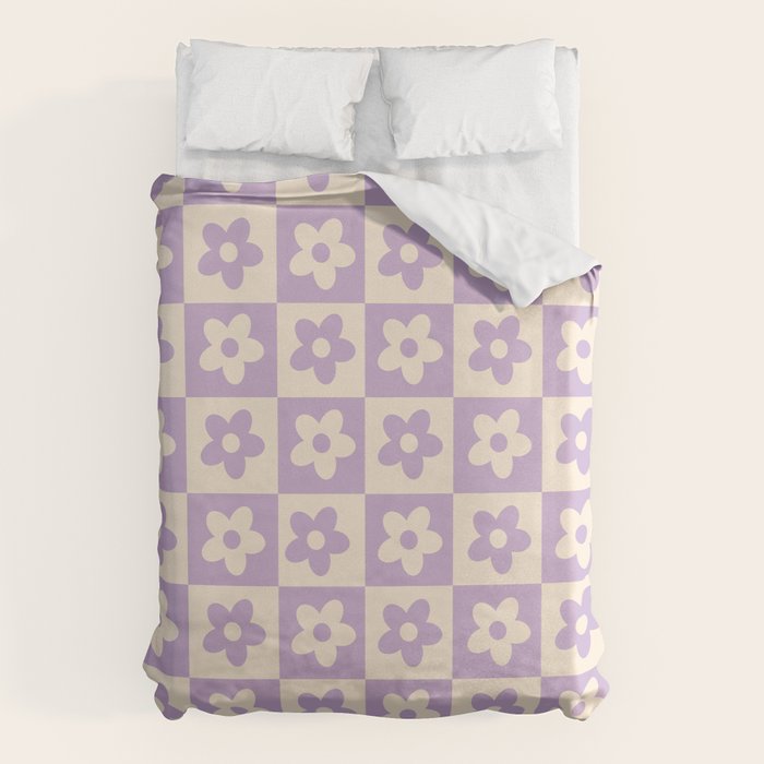 90s flowers checkers cream and lilac Duvet Cover
