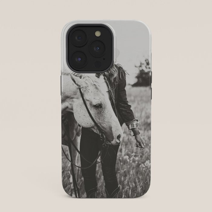 A Cowgirl & Her Horse - Black & White Photo iPhone Case