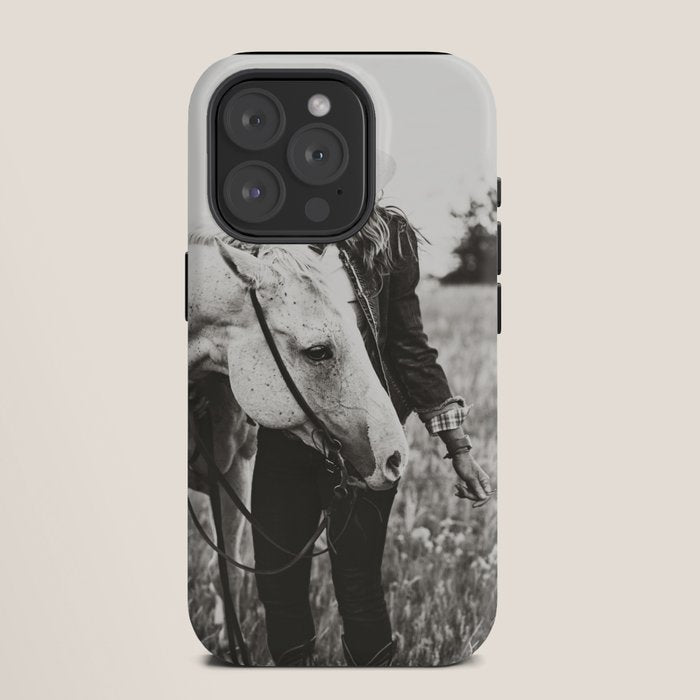 A Cowgirl & Her Horse - Black & White Photo iPhone Case
